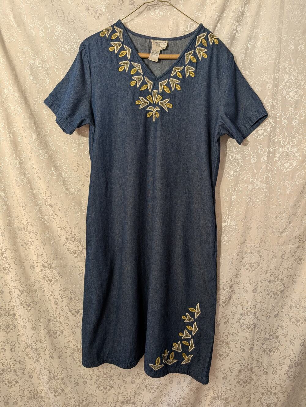 VTG 90s Florissant NY Embroidered Denim Shift Dress V-Neck Pockets 8P